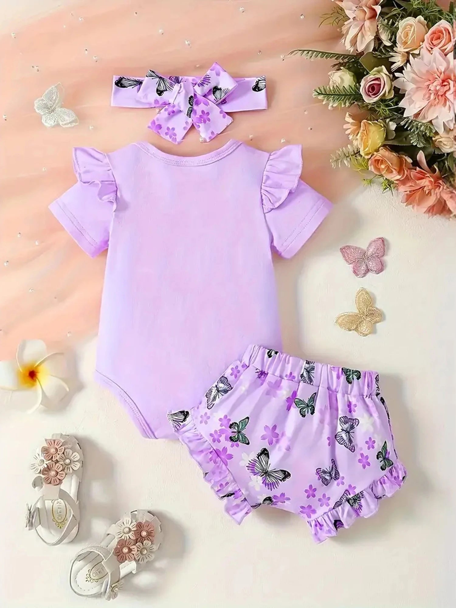 Toddler Girl Floral Print Dress Sleeveless Ruffle Hem Elastic Waist Bow Headband 3 Piece Outfit Set for Summer