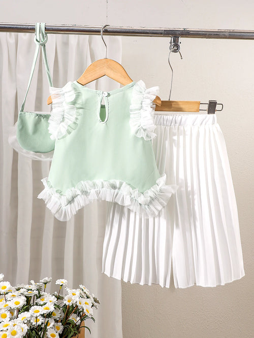 3PCS  Summer Cross-Border New Girl 1-3 Years Old Sweet And Cute Vest Top + White Trousers