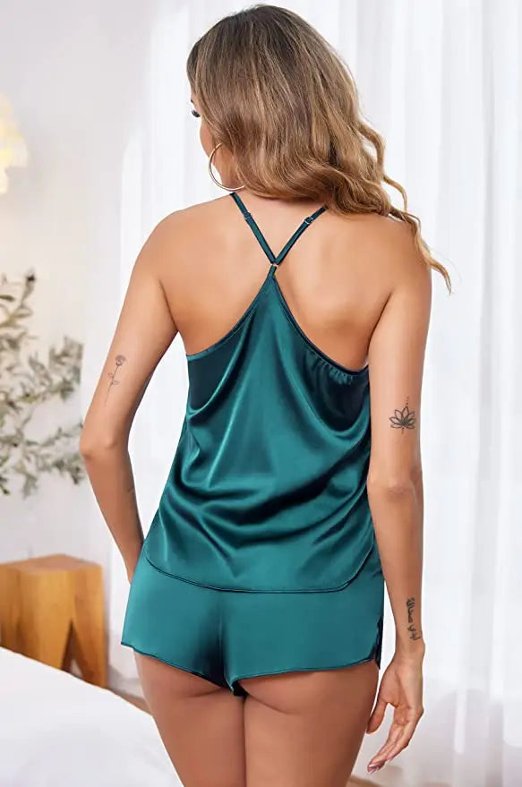 Summer New Ice Silk Spaghetti Strap Sexy Women Pajamas Pure Color Thin Section Fashion Sleepwear