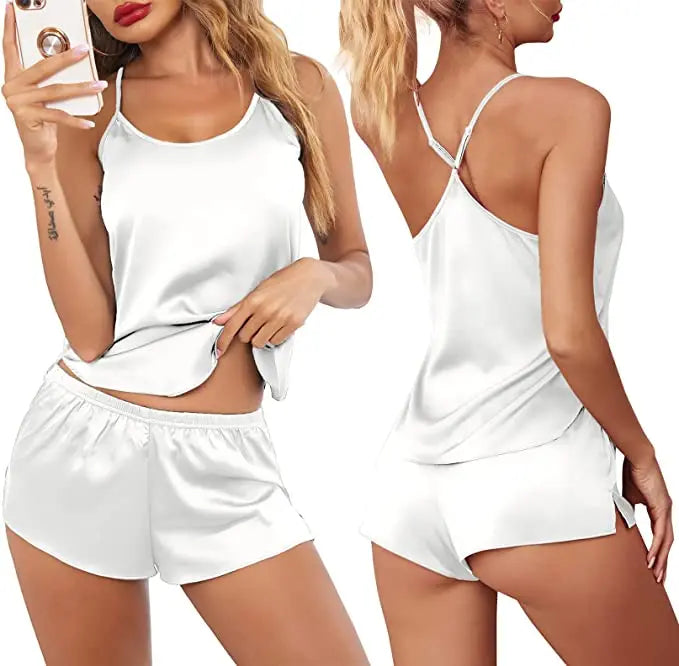 Summer New Ice Silk Spaghetti Strap Sexy Women Pajamas Pure Color Thin Section Fashion Sleepwear